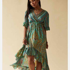 Earthbound Turqouise Green Blue Boho Ruffle Maxi Dress M